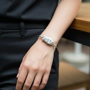 3/$35 Wired Howlite White Grey Natural Stone Crystal Metal Cuff Bangle Bracelet